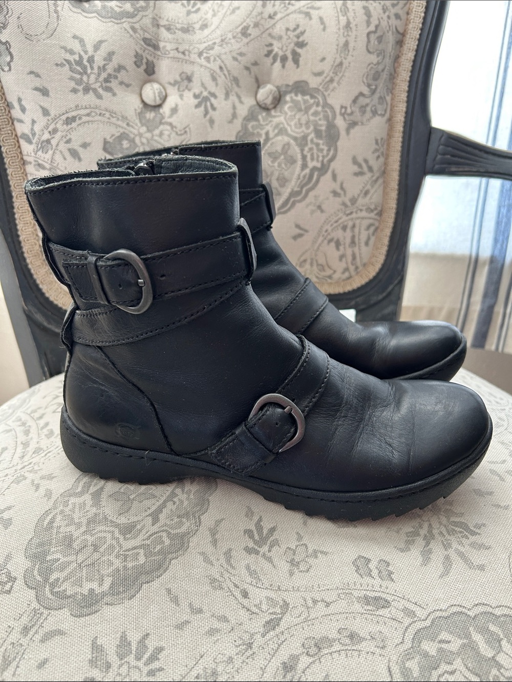 Women's Black Born Leather Buckle Ankle Boots